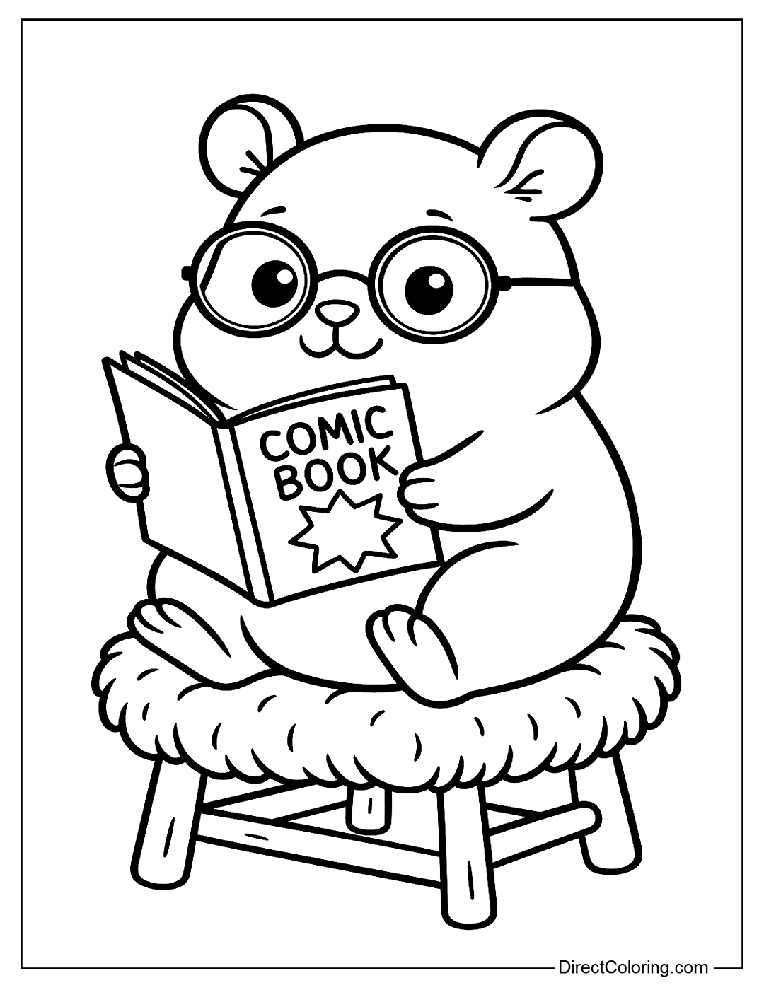 Coloring Page A hamster wearing round glasses and holding a comic book, sitting on a small chair with a furry blanket.